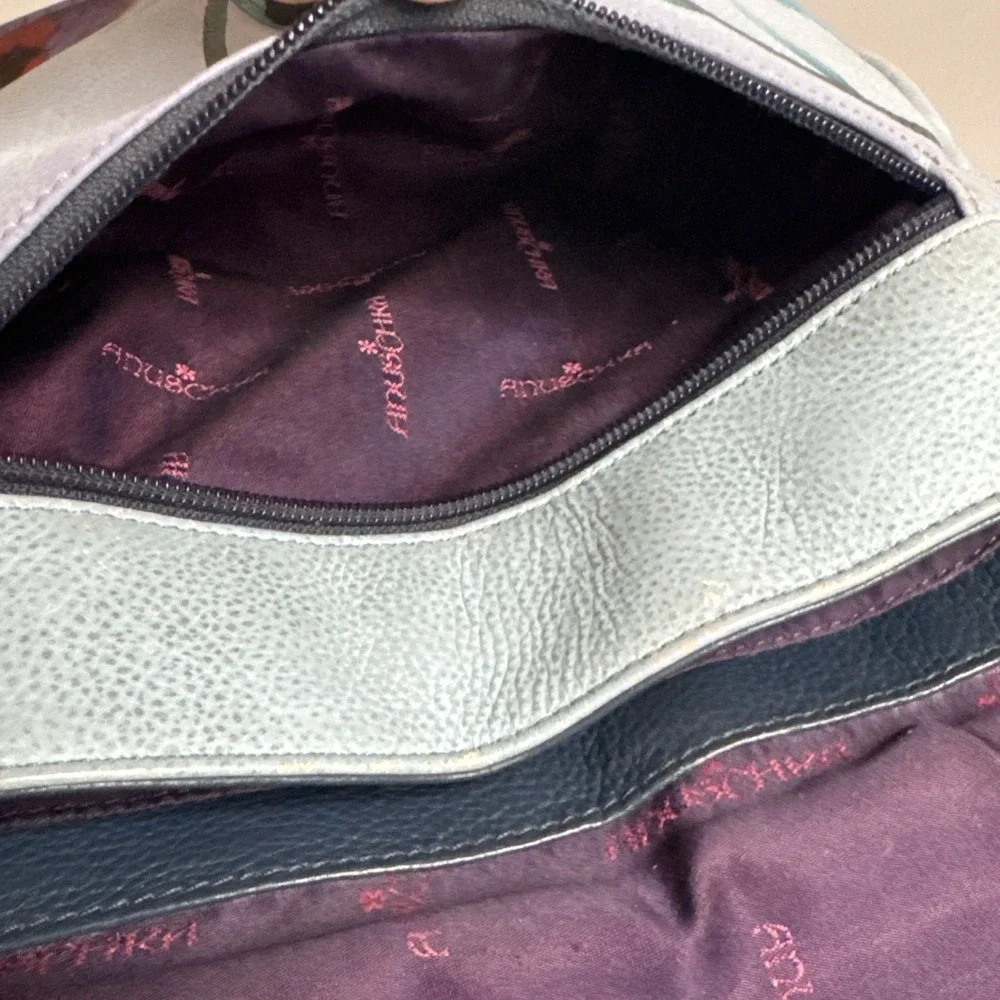 Anuschka Hand Painted‎ Floral Butterfly Leather Shoulder Bag Blue Bug Insect